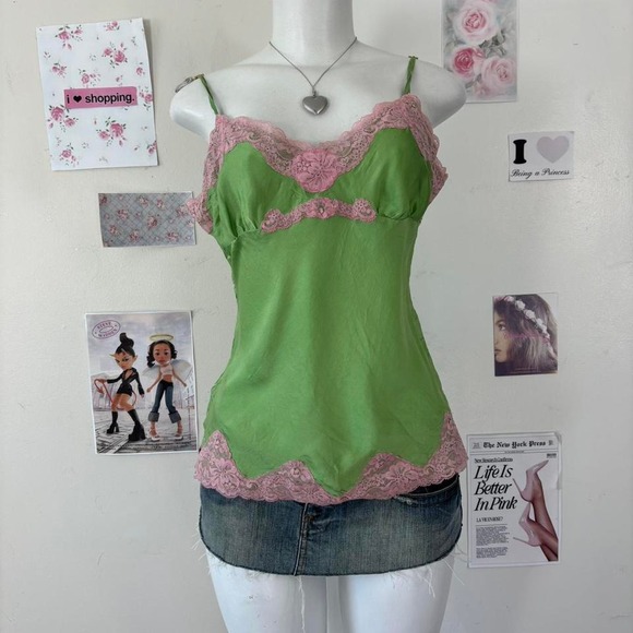 Vintage 100% silk Y2K Green & Pink Lace Trim Silk Cami Top Size L — Indie Sleaze - Picture 8 of 8